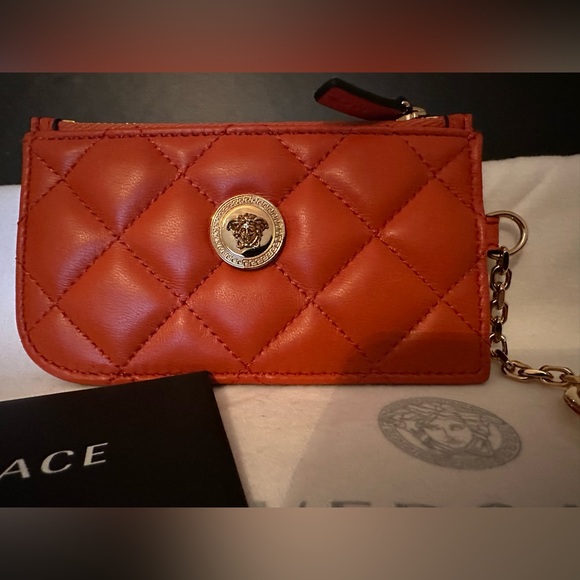 Versace Medusa Quilted orange leather zipper card case wallet NEW (AUTHE… - Picture 2 of 16